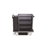 Royal Basket Mini Deluxe Metal Housekeeping Cart 3 Shelf / 1 Bag - Vacuum and Glass Rack, Black